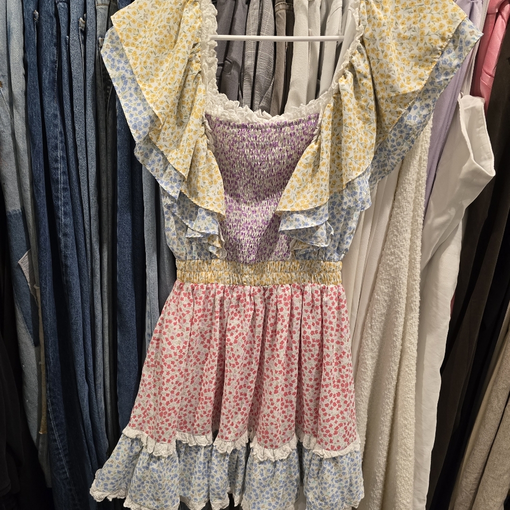 Stellah Pink and Yellow Ruffled Tiered Sundress